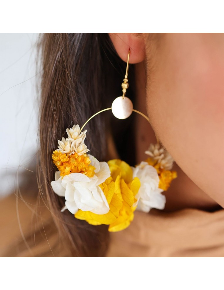 Boucles d'oreilles Mirela - fleurs stabilisées jaunes et blanches - BFlower - Comptoir Doré