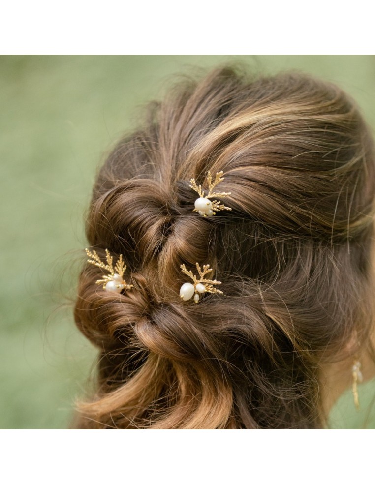 Pics épingles à cheveux feuille et perle Zeus - Comptoir Doré - L'Atelier de Clotilde