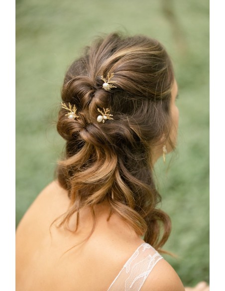 Pics épingles à cheveux feuille et perle Zeus - Comptoir Doré - L'Atelier de Clotilde