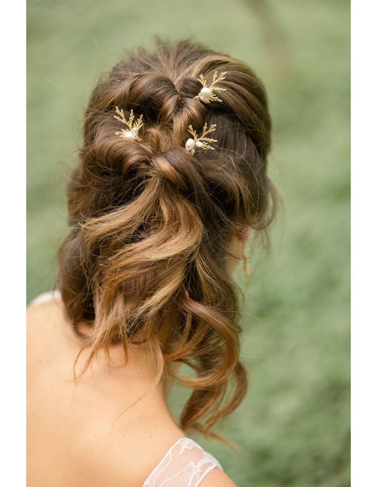Pics épingles à cheveux feuille et perle Zeus - Comptoir Doré - L'Atelier de Clotilde