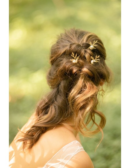 Pics épingles à cheveux feuille et perle Zeus - Comptoir Doré - L'Atelier de Clotilde