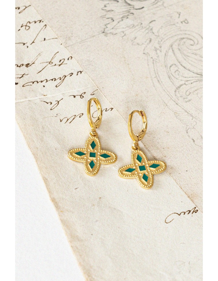 Boucles D'oreilles Croix Vert Émeraude - Bacci - Comptoir Doré