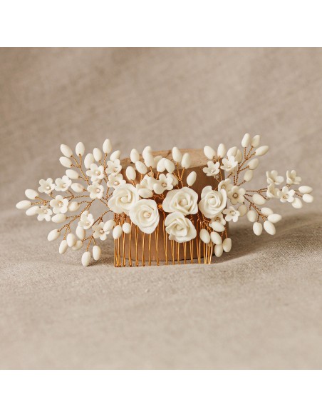 Peigne mariage porcelaine froide fleuri - Coraly T - Les perles de la Bastide - Comptoir Doré