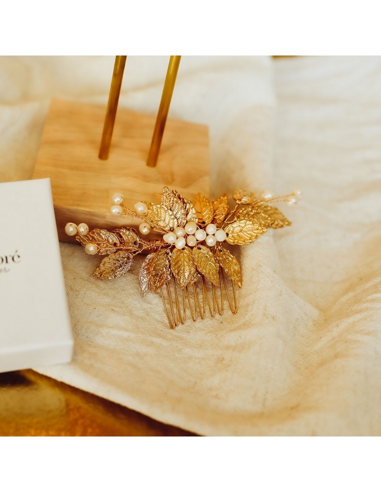 Peigne Alia Perle - peigne mariée feuilles dorées et perles - Comptoir Doré