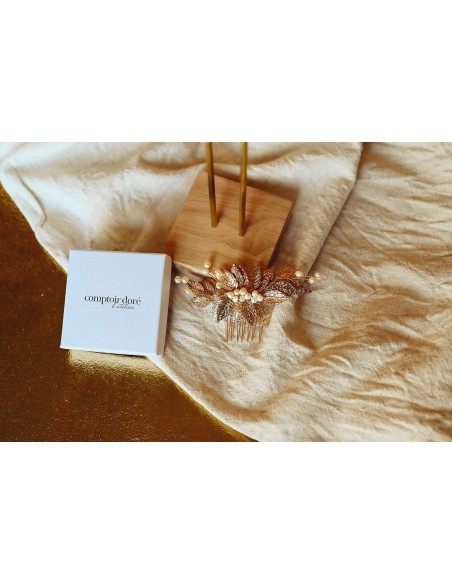 Peigne Alia Perle - peigne mariée feuilles dorées et perles - Comptoir Doré