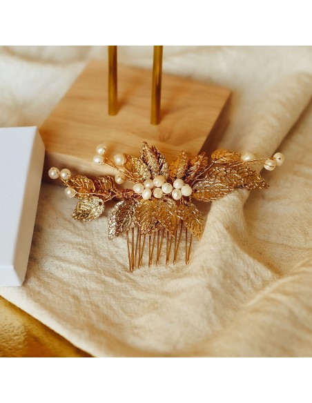 Peigne Alia Perle - peigne mariée feuilles dorées et perles - Comptoir Doré