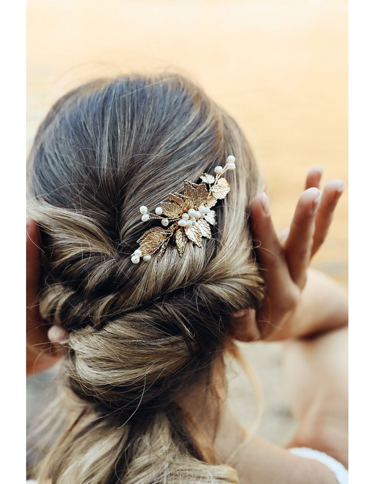Peigne Alia Perle - peigne mariée feuilles dorées et perles - Comptoir Doré