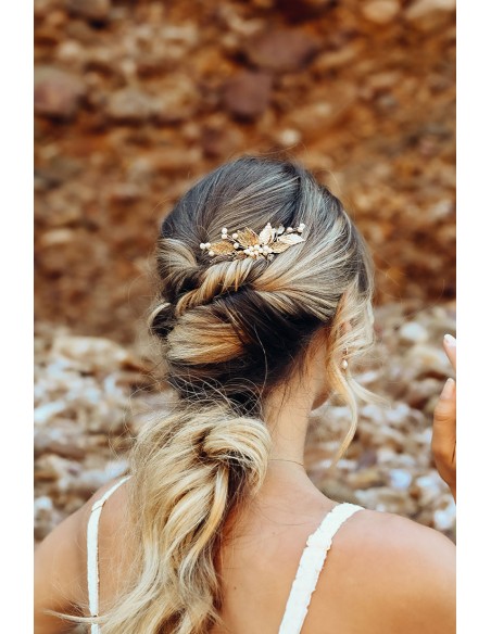 Peigne Alia Perle - peigne mariée feuilles dorées et perles - Comptoir Doré