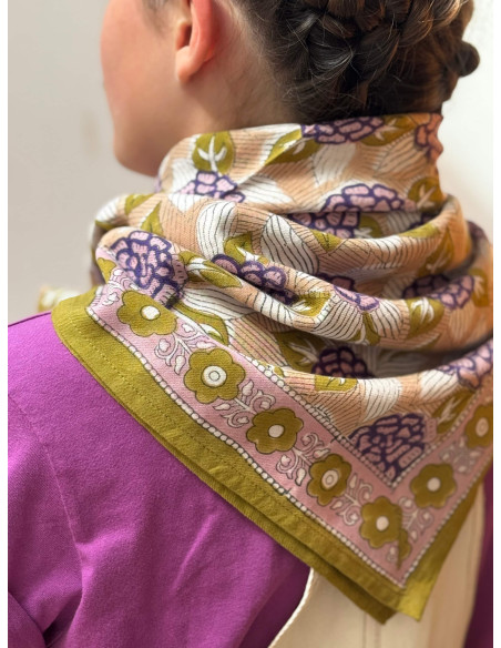 Foulard blockprint indien vert et violet - Byzantine APW - Comptoir Doré