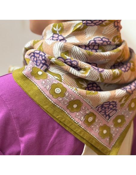 Foulard blockprint indien vert et violet - Byzantine APW - Comptoir Doré