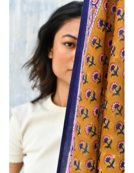 Foulard blockprint indien camel marine rose - Byzantine APW - Comptoir Doré