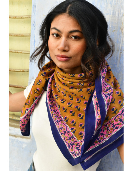 Foulard blockprint indien camel marine rose - Byzantine APW - Comptoir Doré