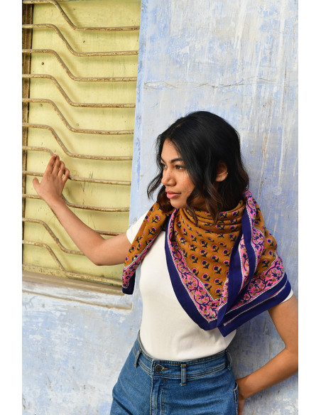 Foulard blockprint indien camel marine rose - Byzantine APW - Comptoir Doré