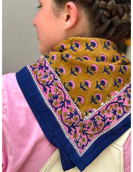 Foulard blockprint indien camel marine rose - Byzantine APW - Comptoir Doré