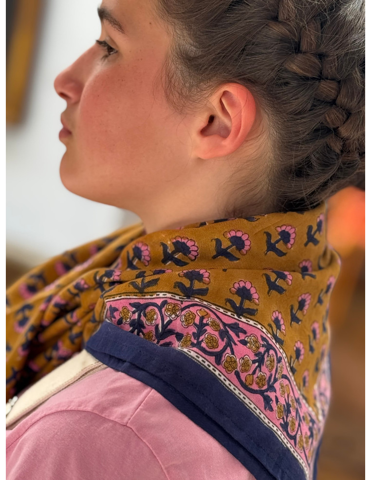 Foulard blockprint indien camel marine rose - Byzantine APW - Comptoir Doré