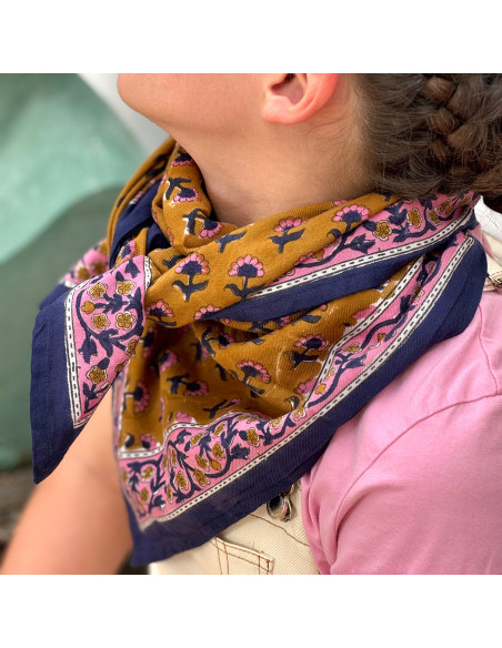 Foulard blockprint indien camel marine rose - Byzantine APW - Comptoir Doré