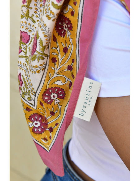 Foulard blockprint indien rose jaune - Byzantine APW - Comptoir Doré