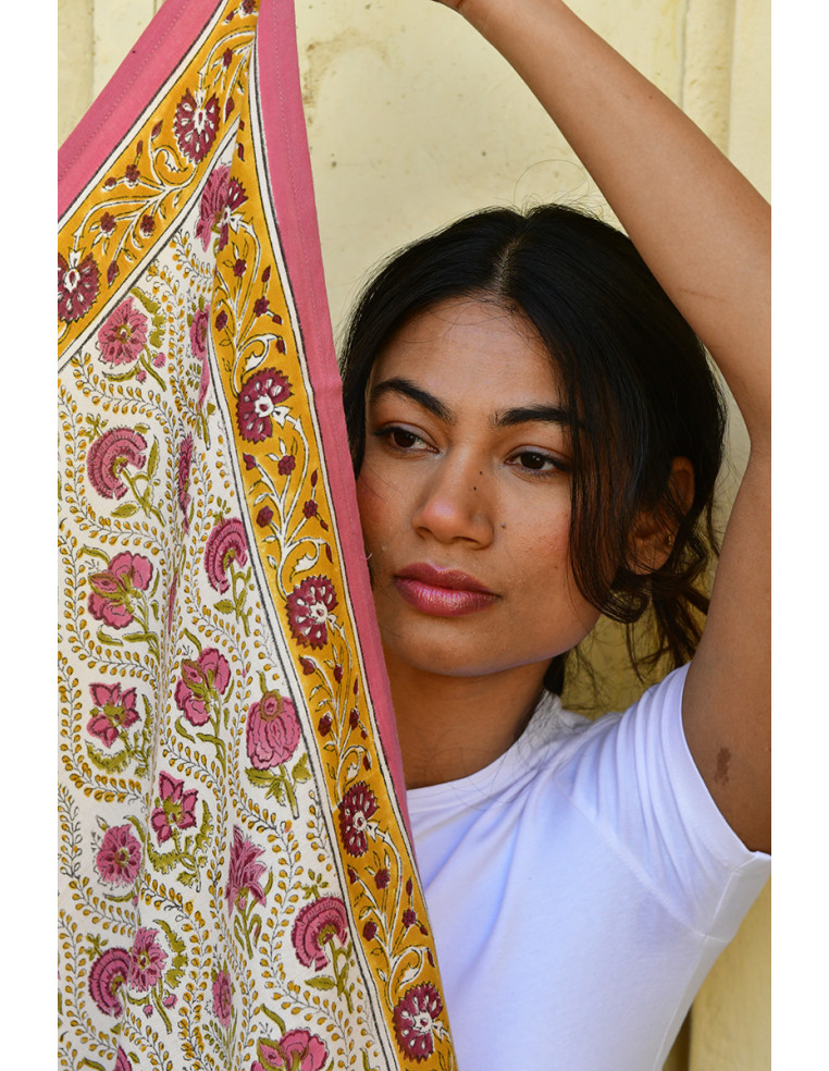 Foulard blockprint indien rose jaune - Byzantine APW - Comptoir Doré