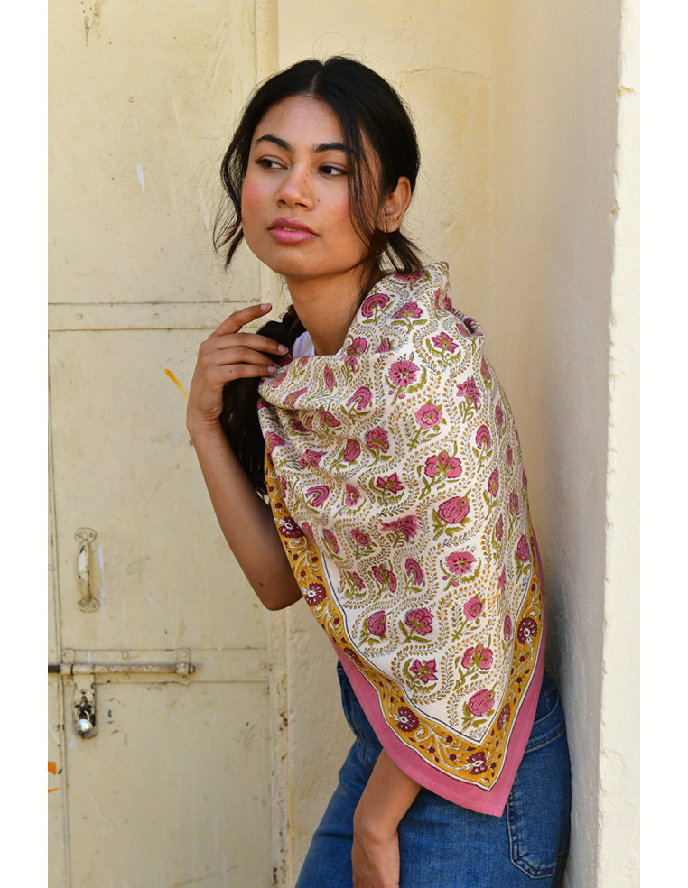 Foulard blockprint indien rose jaune - Byzantine APW - Comptoir Doré