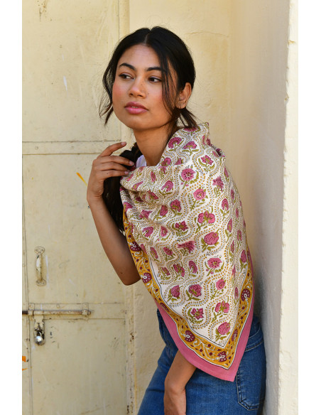 Foulard blockprint indien rose jaune - Byzantine APW - Comptoir Doré