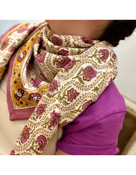 Foulard blockprint indien rose jaune - Byzantine APW - Comptoir Doré
