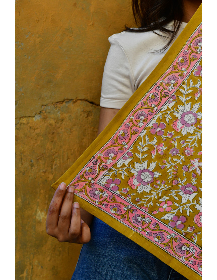 Grand foulard coton blockprint ocre rose - Comptoir Doré