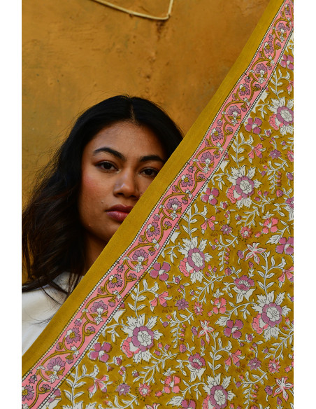 Grand foulard coton blockprint ocre rose - Comptoir Doré