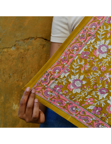 Grand foulard coton blockprint ocre rose - Comptoir Doré