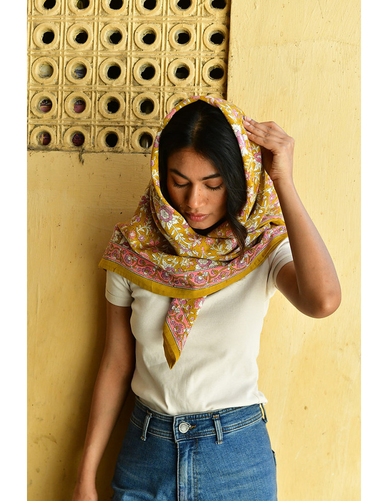 Grand foulard coton blockprint ocre rose - Comptoir Doré