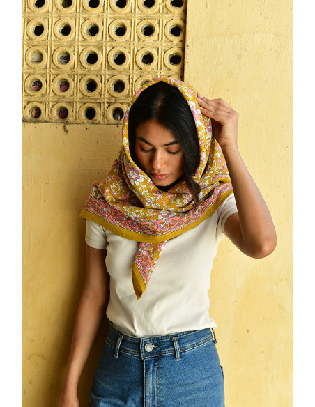 Grand foulard coton blockprint ocre rose - Comptoir Doré