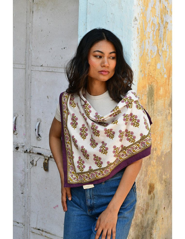 Foulard blockprint indien écru prune - Byzantine APW - Comptoir Doré