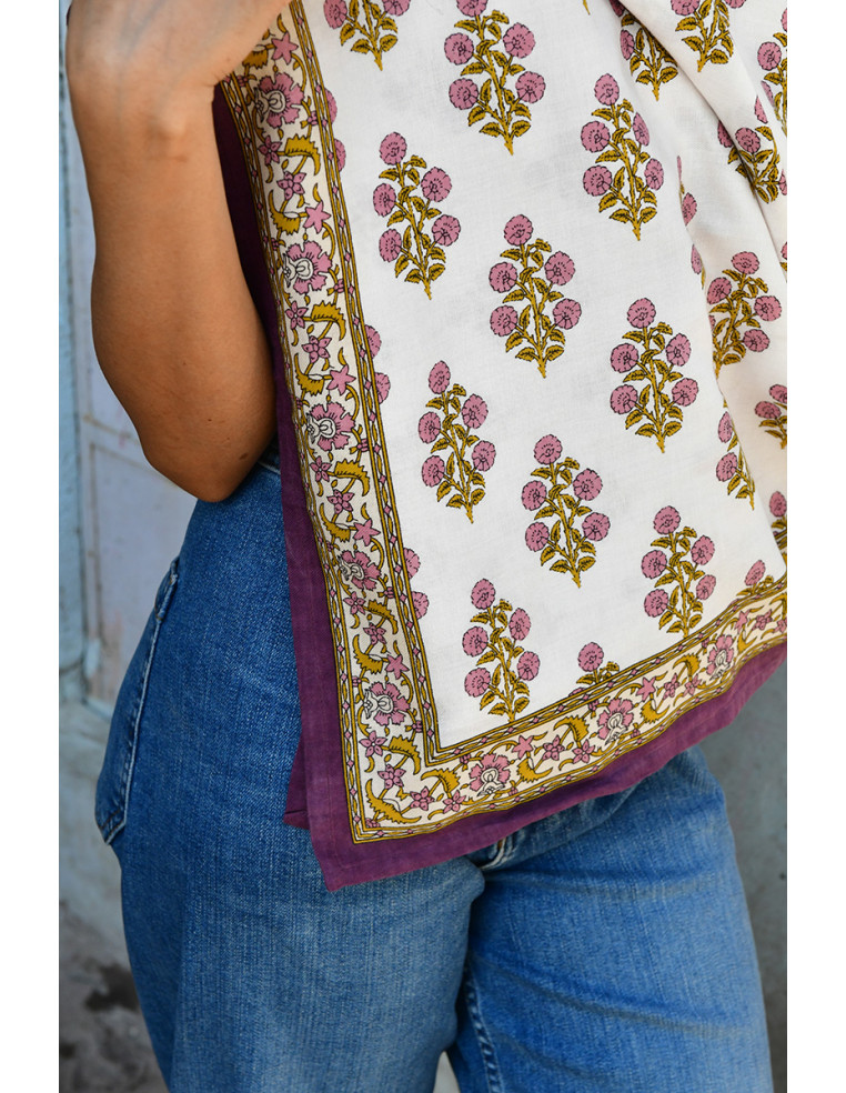 Foulard blockprint indien écru prune - Byzantine APW - Comptoir Doré