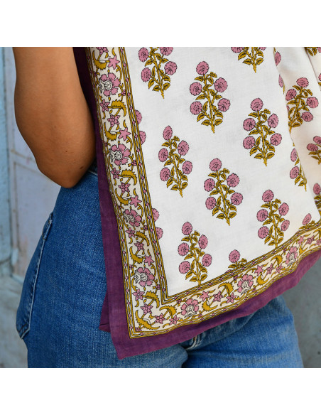 Foulard blockprint indien écru prune - Byzantine APW - Comptoir Doré