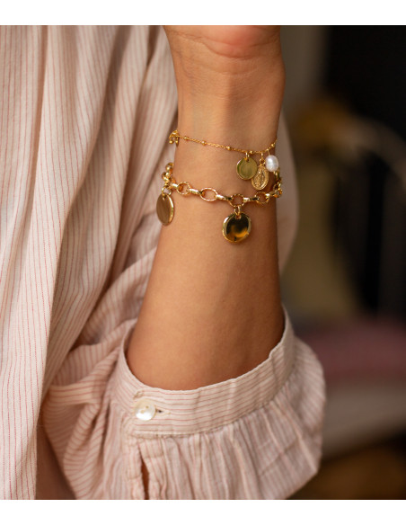 Bracelet multi médailles gravées, perle & vierge Comptoir Doré