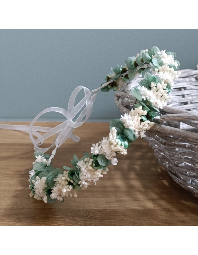 Couronne fleurs hortensias stabilisées enfant vert et blanc