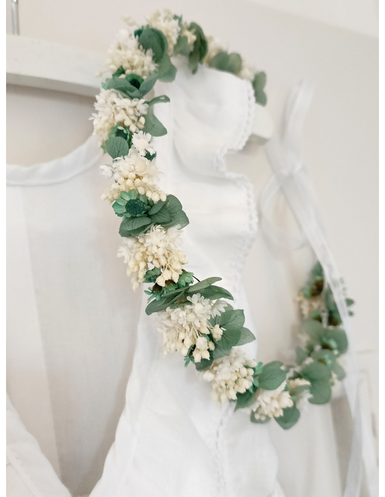 Couronne fleurs hortensias stabilisées enfant vert et blanc