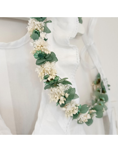 Couronne fleurs hortensias stabilisées enfant vert et blanc