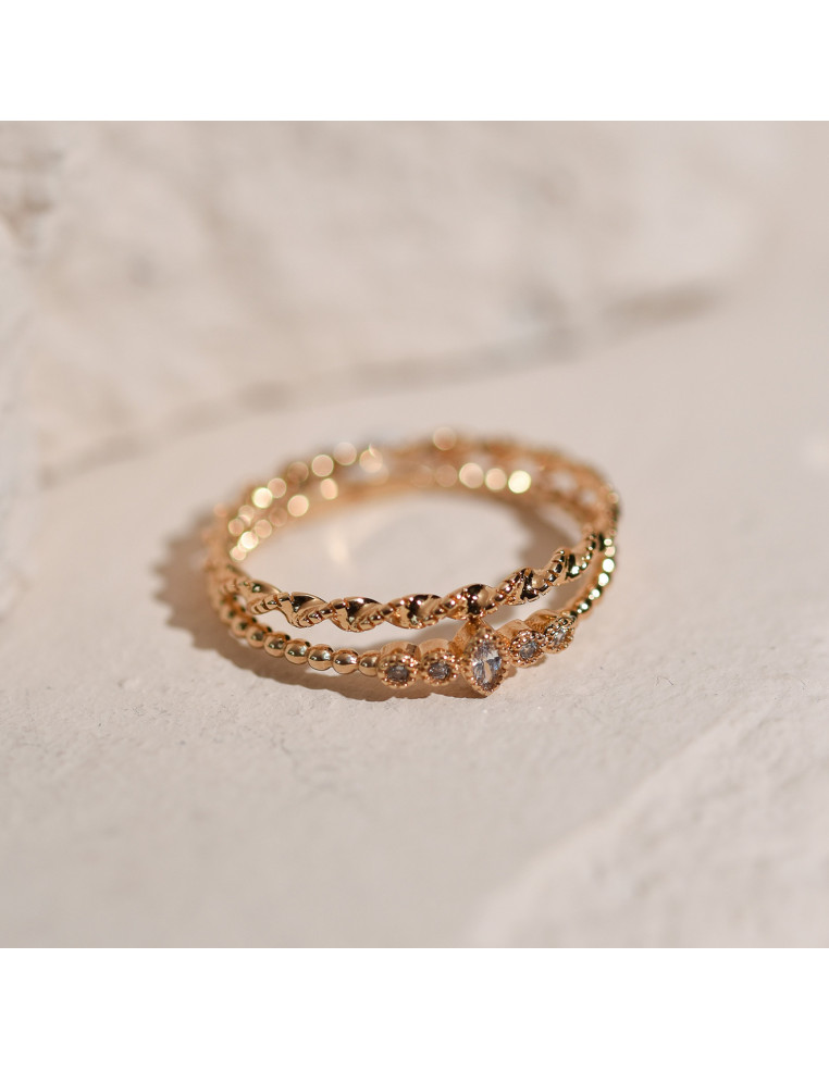 Duo de Bagues plaquées or torsadée et zircons - Comptoir Doré