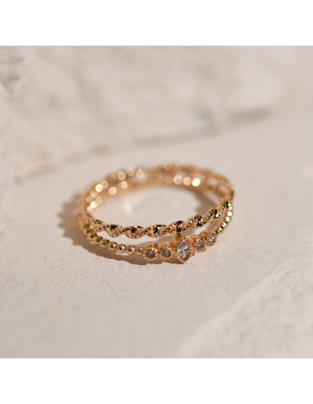 Duo de Bagues plaquées or torsadée et zircons - Comptoir Doré