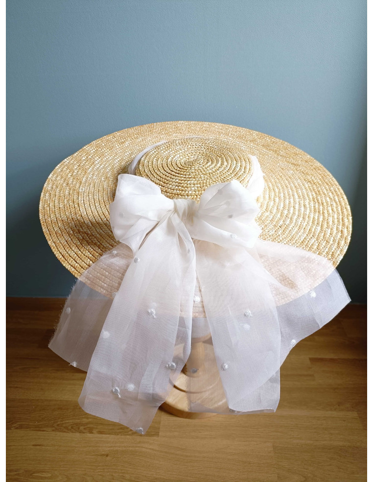 Petite capeline paille noeud blanc mariage Comptoir Doré