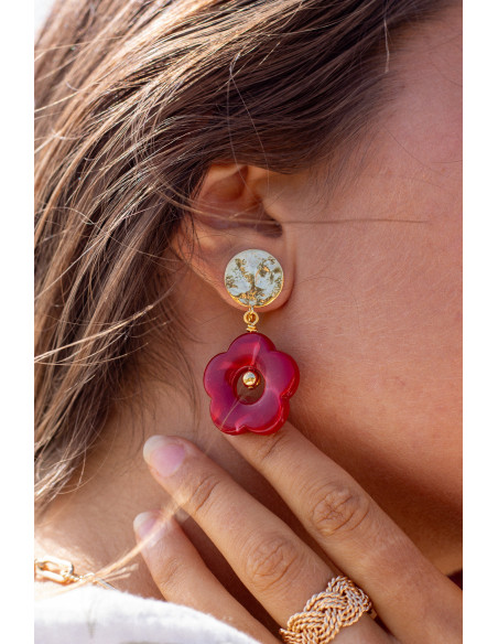 Boucles d'oreilles clips rouge fleurs résine Pam - Comptoir Doré