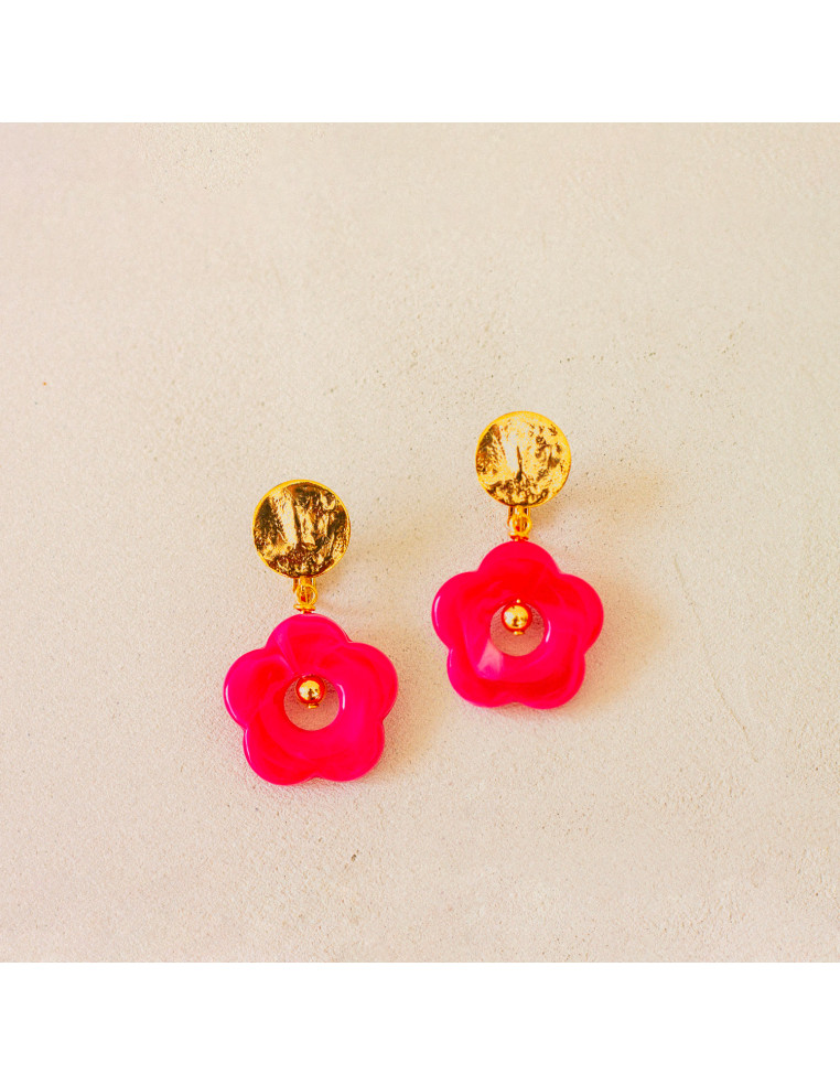 Boucles d'oreilles clips fushia fleurs résine Pam - Comptoir Doré