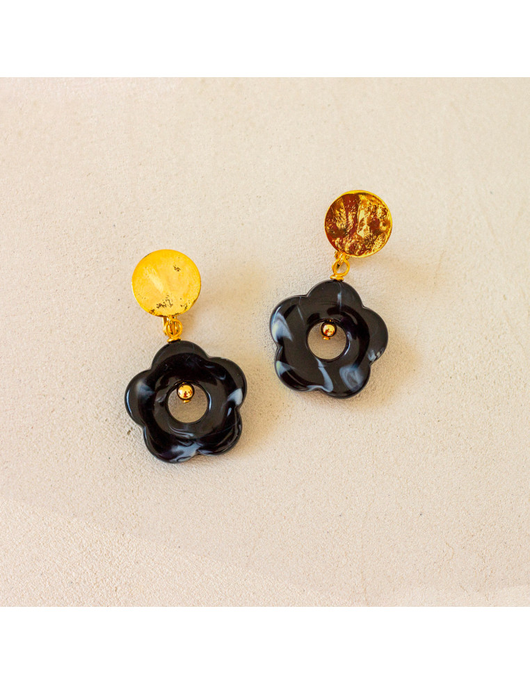Boucles d'oreilles clips noir fleurs résine Pam - Comptoir Doré