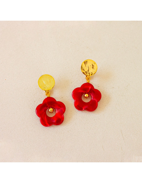 Boucles d'oreilles clips rouge fleurs résine Pam - Comptoir Doré