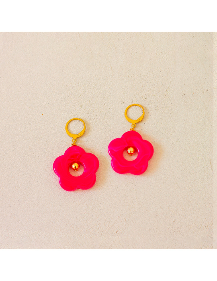Boucles d'oreilles fushia fleurs résine Pam - Comptoir Doré