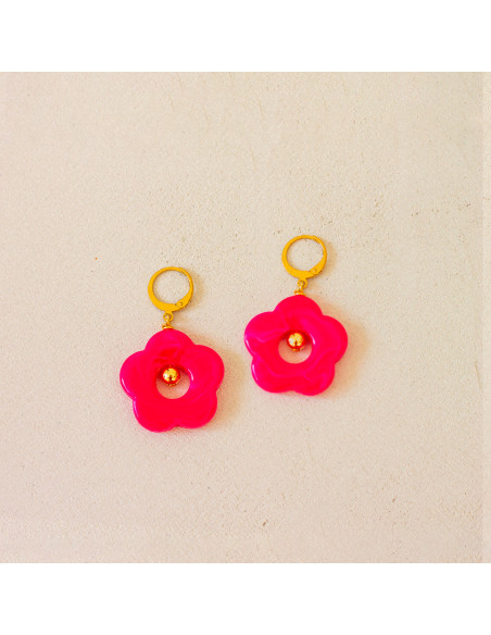 Boucles d'oreilles fushia fleurs résine Pam - Comptoir Doré