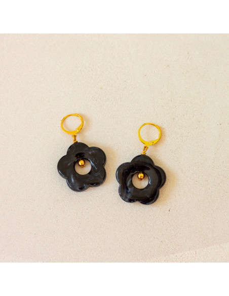 Boucles d'oreilles noires fleurs résine Pam - Comptoir Doré