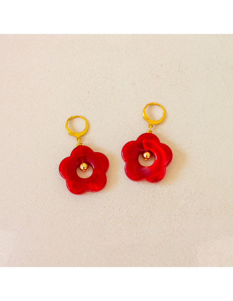 Boucles d'oreilles rouge fleurs résine Pam - Comptoir Doré