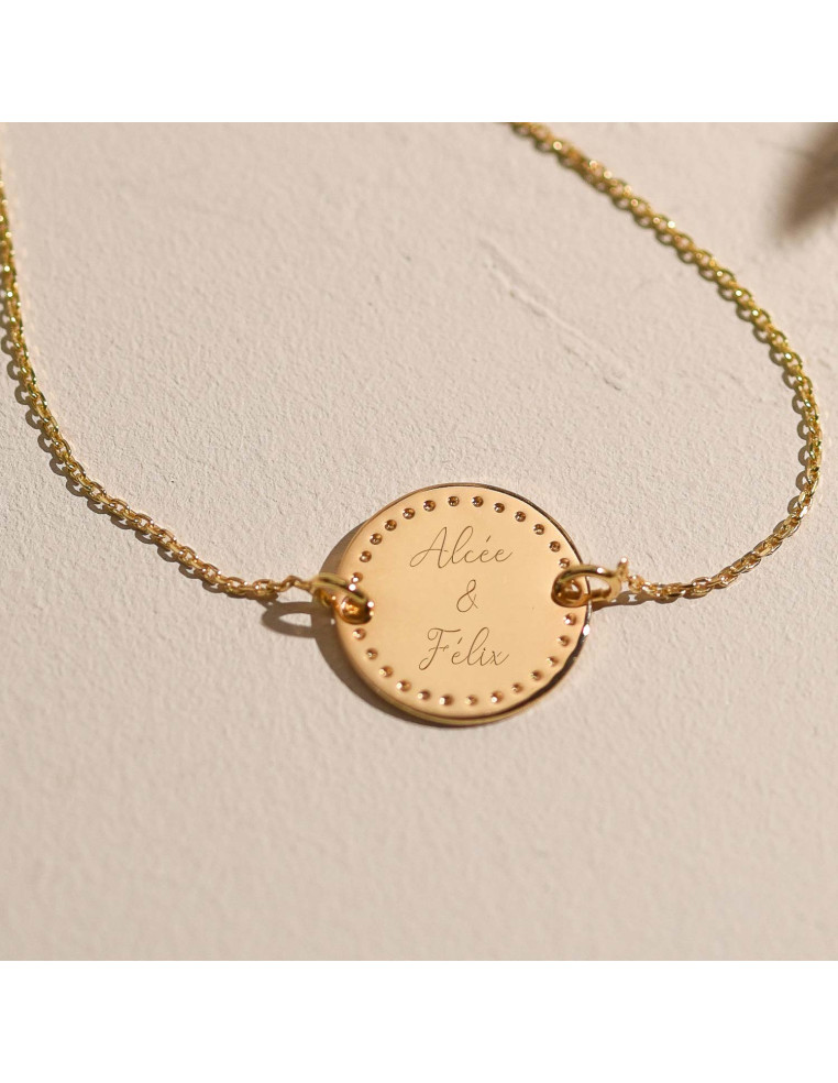 Bracelet plaqué or médaille gravée et chaîne Comptoir Doré