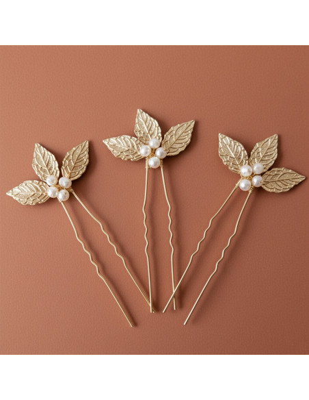 Epingle Adonis Perle - pic à cheveux feuilles dorées et perles - Comptoir Doré